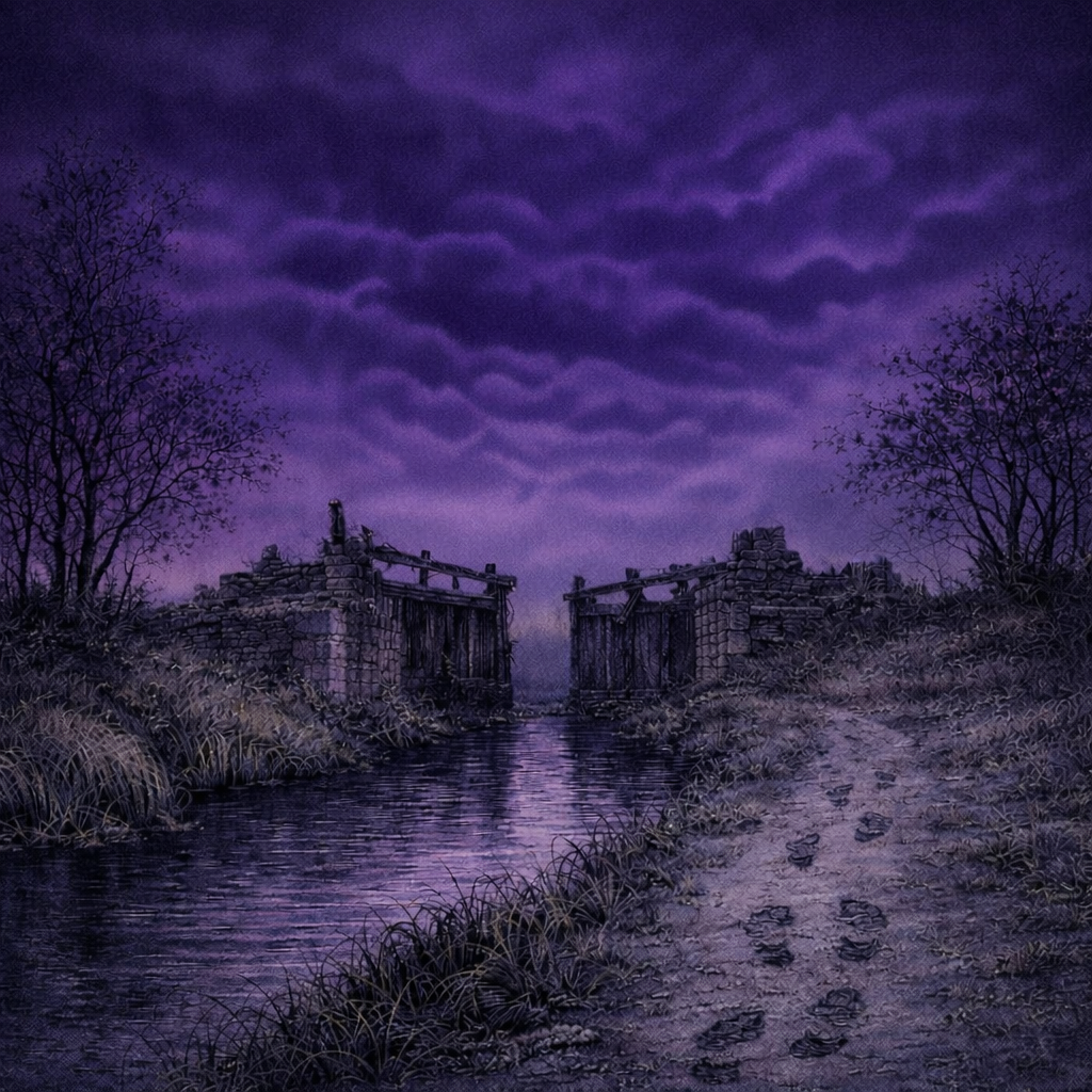 Pencil drawing of a ruined canal lock with a pair of footsteps along the bank, with a deep purple foreboding sky